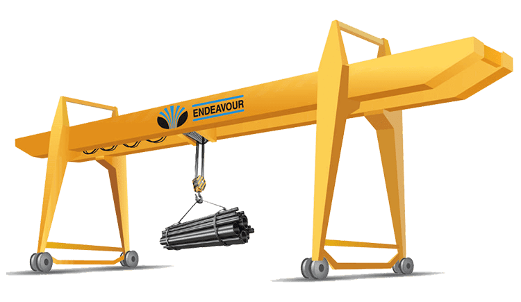 A large Goliath gantry crane used for lifting and moving heavy loads in an industrial setting, featuring a robust steel frame and wide span for maximum efficiency.