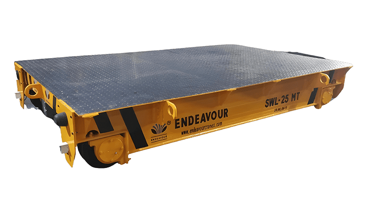A heavy-duty industrial transfer trolley used for moving materials in a manufacturing facility.